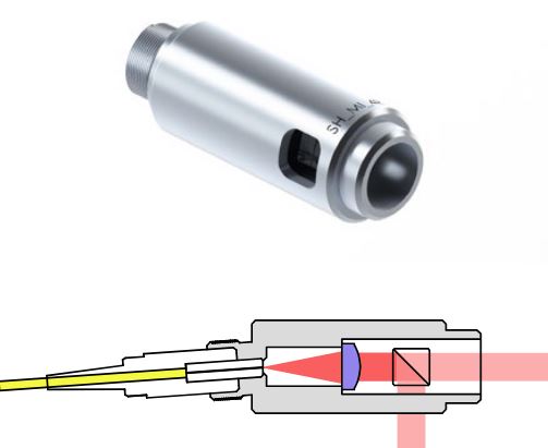 quDIS Michelson sensor head with a collimated beam and an open reference. The second beam is travels through the window on the side of the beam splitter cube.